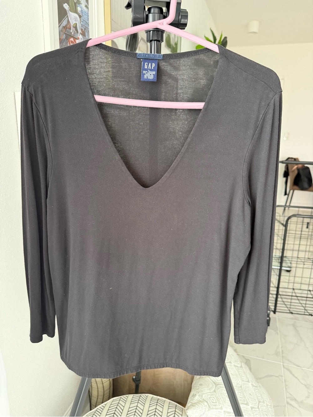 Vintage GAP Black Stretch Deep V-Neck Top, Sz Large, 90’s inspired